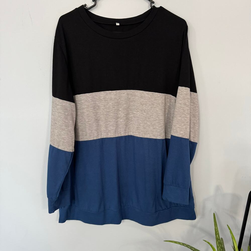 Unbranded Colorblock Pullover Long Sleeve Top Plus Size 18 W Black Gray Blue